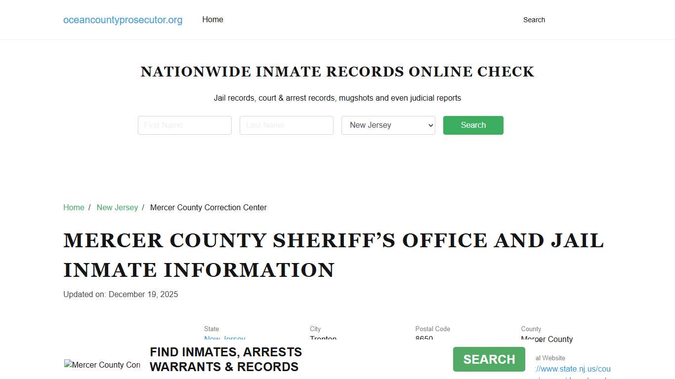 Mercer County Sheriff, New Jersey, Jail Inmate Search